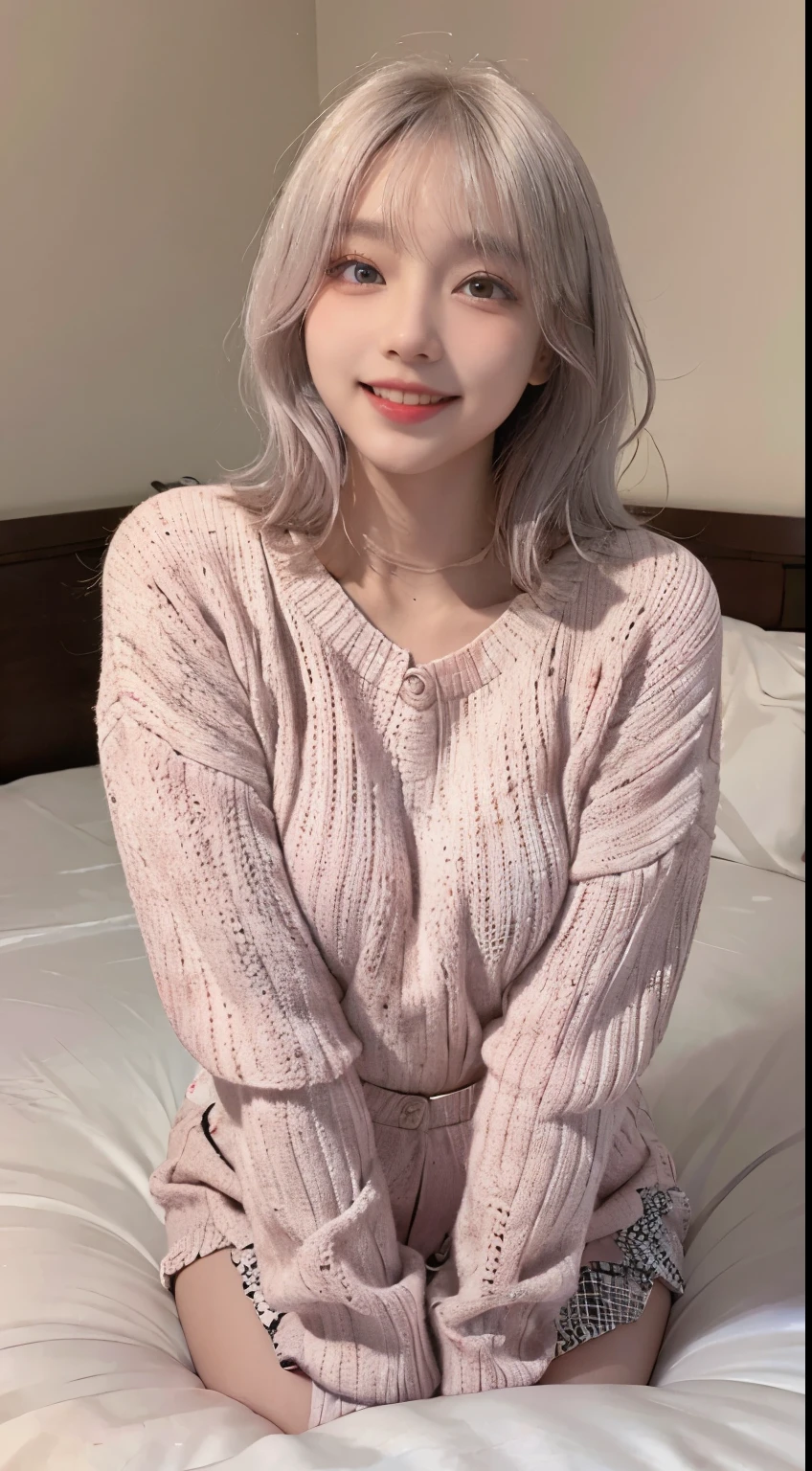 Best image quality、Raw photo、超A high resolution、21 year old Korean、、Dynamic Angle、Cowboy Shot、Chaos in its most beautiful form、elegant、Brutalist Design、Vibrant colors、Short Bob、smile、fun、smile、Glowing White Skin、Beautiful eyes with random colors、Very thin lips、Beautiful eyes in every detail、Long, narrow eyes、Pale pink blush、Long eyelashes、Beautiful double eyelids、eye shadow、Bright white hair、bed、Large sweater、setting、Cute pose、Full body shot、Full body shotする