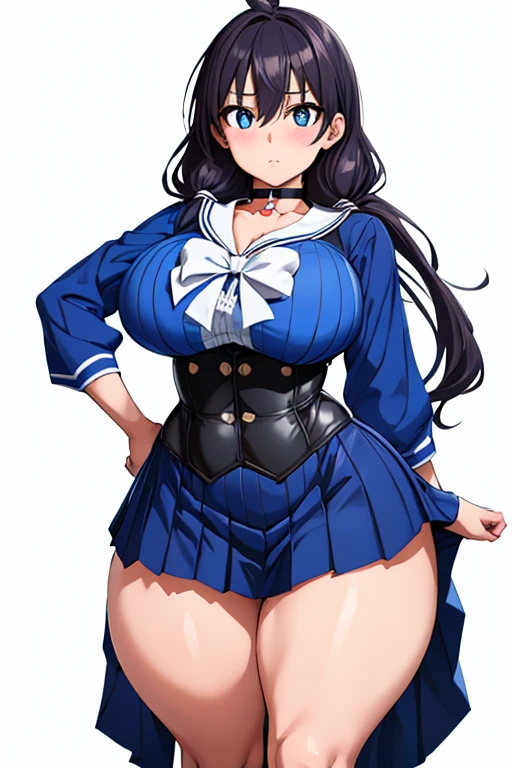 One Girl,Precise five fingers、{Knee-high socks}、(((Wide Hips)))、 (((plump and thick thighs)))、((Big Ass))、(Big Breasts) Embarrassed look,Short Stack、whole body、Sexy pose。blue eyes、Black Hair、quite long hair、Hair between the eyes、Hello、choker、Idol Costumes、Sailor collar、Included sleeve、corset、Pleated skirt、Frilled Skirt