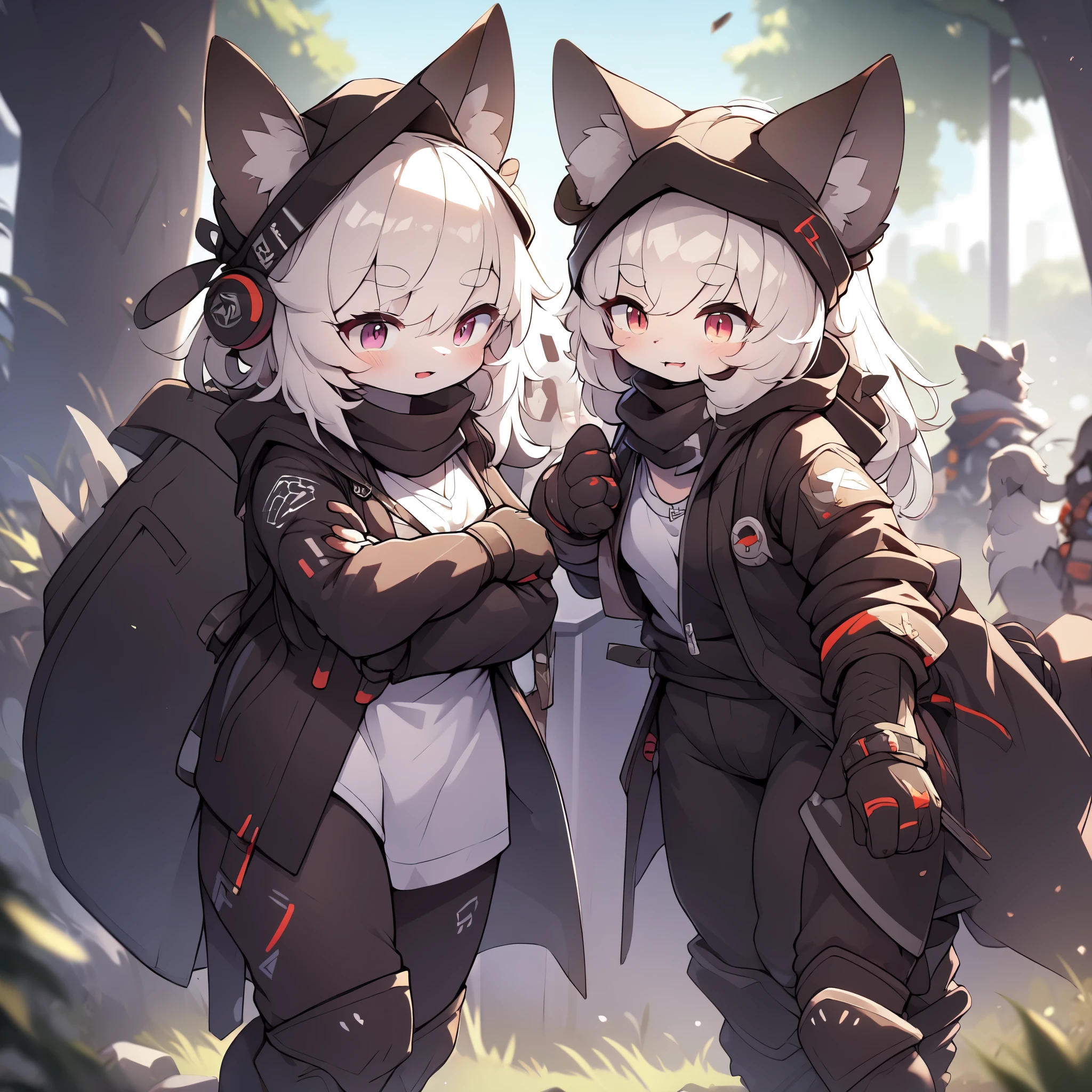 Kawaii, Striped Fluffy Fox, emaciated, long hair, 3girls, artificial synthetic skin, life support prosthetics, digital headphones, black tight latex bodysuit, white long dress, thigh-high-socks, shorts, loose off-the-shoulder hood open jacket, holsters in thigh, Mechanical boots, tactical knee pads, tactical belted loose Arm Sleeves, cybernetic Display gloves, chest rigs, tactical belts, blue archive halo, bulletproof goggles on forehead, from Ark nights, ray tracing, depth of field, bloom, masterpiece, ccurate, high details, highres