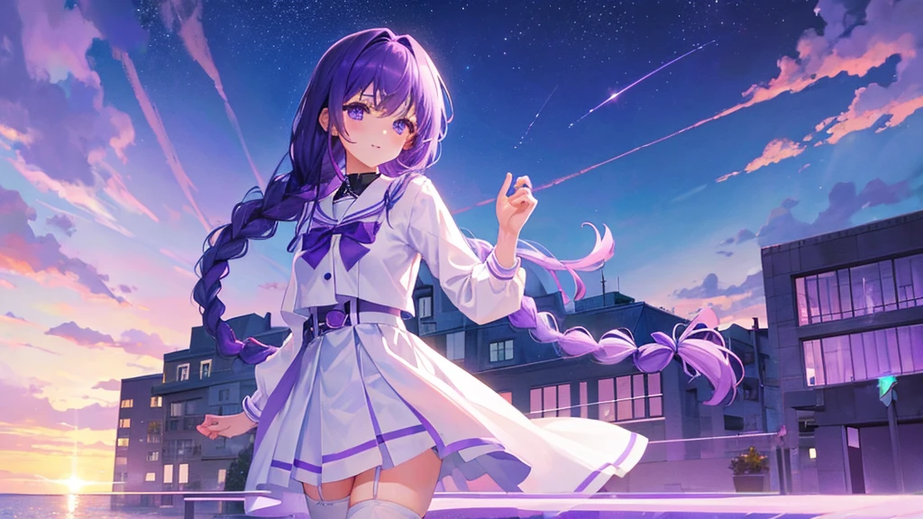 girl with purple hair, braid hair, purple eyes, purple royal school clothes, school, white stockings, sky with star, sea, 8k resolution, detail