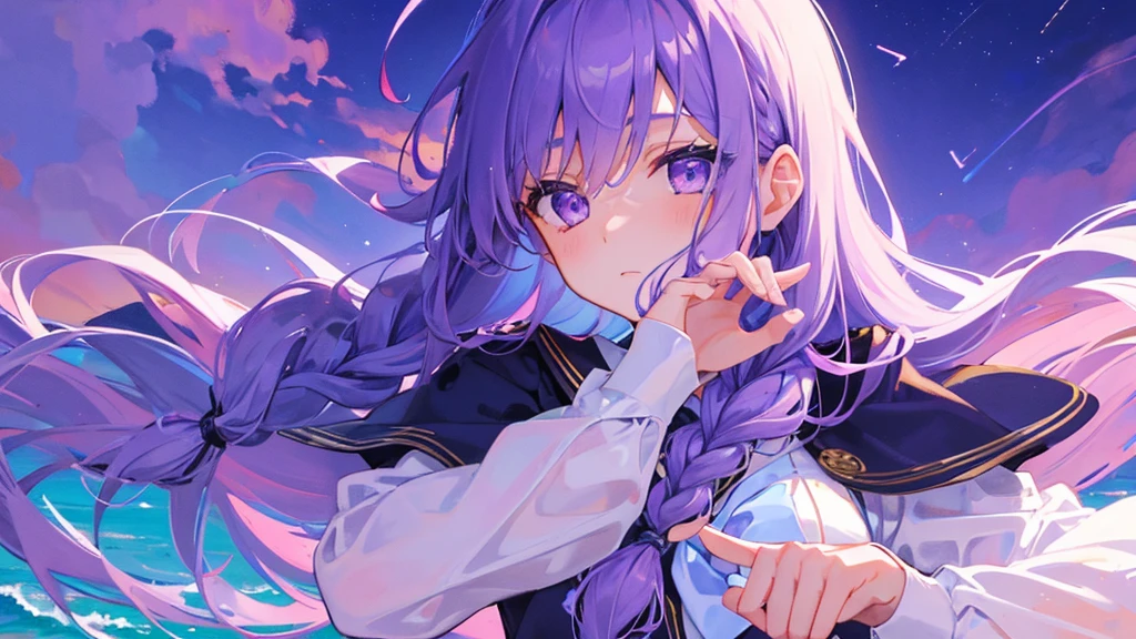 girl with purple hair, braid hair, purple eyes, purple royal school clothes, school, white stockings, sky with star, sea, 8k resolution, detail