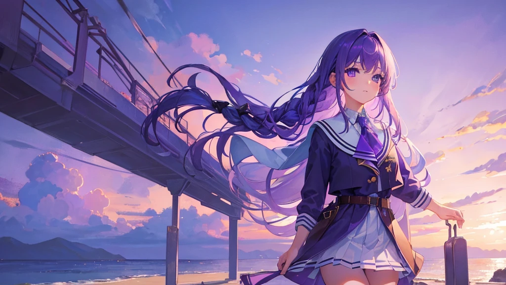 girl with purple hair, braid hair, purple eyes, purple royal school clothes, school, white stockings, sky with star, sea, 8k resolution, detail