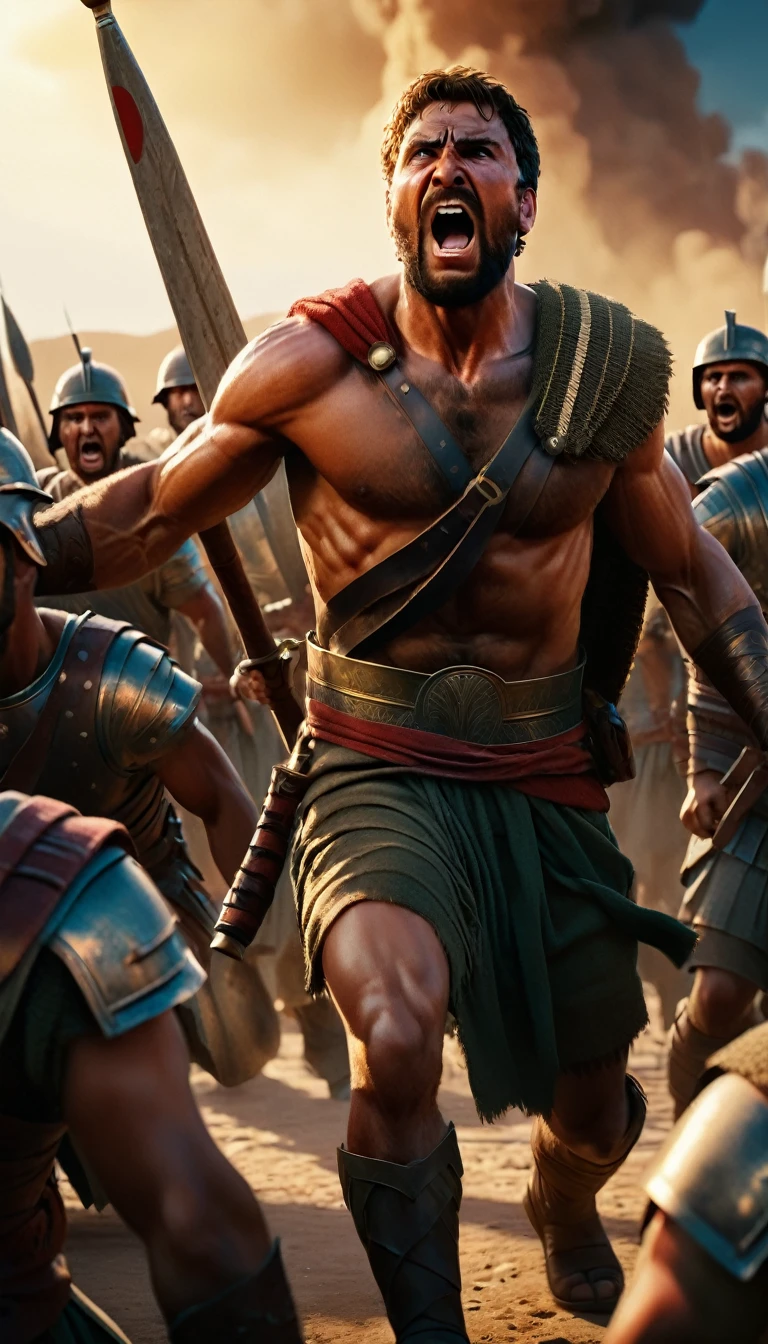 Full body, David fighting with the giant Goliath and the Philistine soldiers looking scared, detailed face, detailed face expressions, natural face expressions, face in detail, asymmetrical faced, fair and smooth skin, detailed hands, detailed fingers, masterpiece, cinematic lighting, physically based rendering, lens flare, award winning rendering, perfect rendering detail, 8K, realism, detailed background, everything in detail, cinematic shot, dynamic lighting, 75mm, Technicolor, Panavision, cinemascope, fine details, 8k, HDR, realism, realistic, key visual, film still, superb cinematic color grading, depth of field,