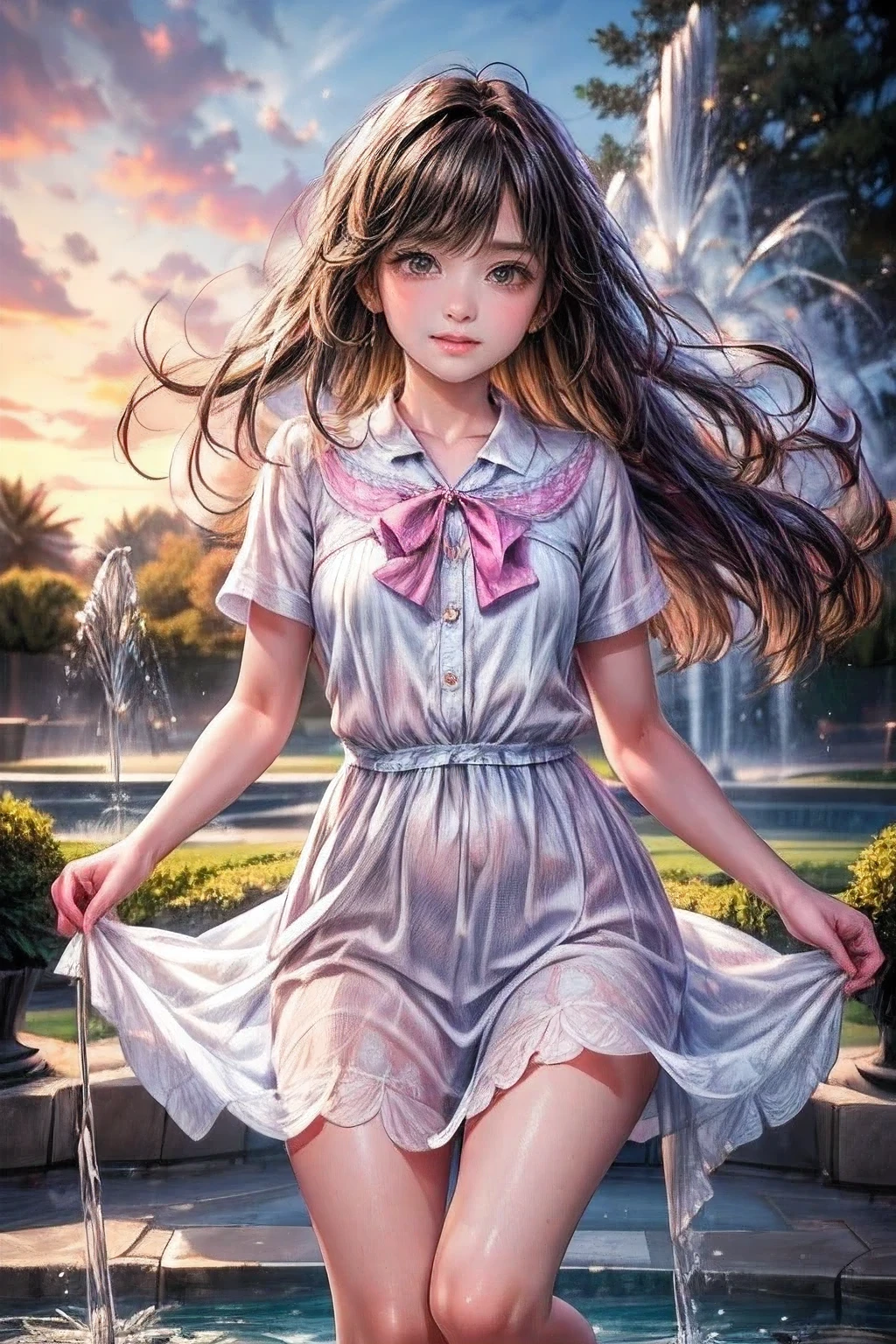 masterpiece:1.2, highest quality, 16k, highres, ultra-realistic, photorealistic:1.37, beautiful detailed:1.2, cute 2 girls, standing:1.2, bare foot girls, school summer uniform, The two of us play while being splashed by the fountain in the park, Rainbow-colored fountain spray, frolicking happily, beautiful delicate(hair, face, long eyelash, eyes, pupils, lips), sparkling eyes, shining rosy lips, blushed cheek, through bangs,