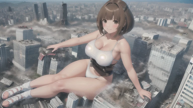 super high quality, Very detailed,Perfect photo,3D,8k,High resolution smooth anime CG art anime (highest quality、High resolution、Detailed Background)、(Very detailedな美しい顔:1.4)、cute teenage girl、Brown hair or cute hair color、Braided bob cut、Huge breasts、Realistic、Perfect body line、cute、Beautiful girl taller than a building、aerial photograph、aerial photograph、Sit in the building、Destroying the city with a smile、
(A giant girl bigger than a skyscraper destroys the city of Shibuya:1.5)、cute 裸　Lying down　