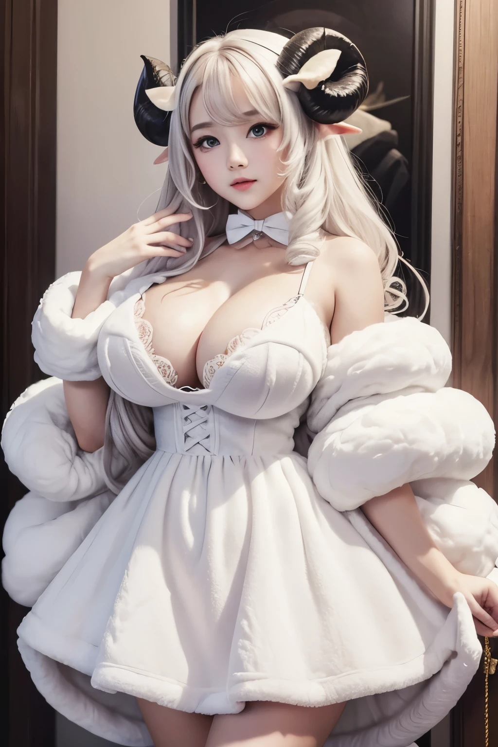sheep man face beautiful has horns Fleece suit fluffy Masterpiece Big tits AV movie star hair random eyes beautiful Standing and staring at the viewer good figure big breasts sexy , compact dress Fluffy white dress small human cute lolita very young