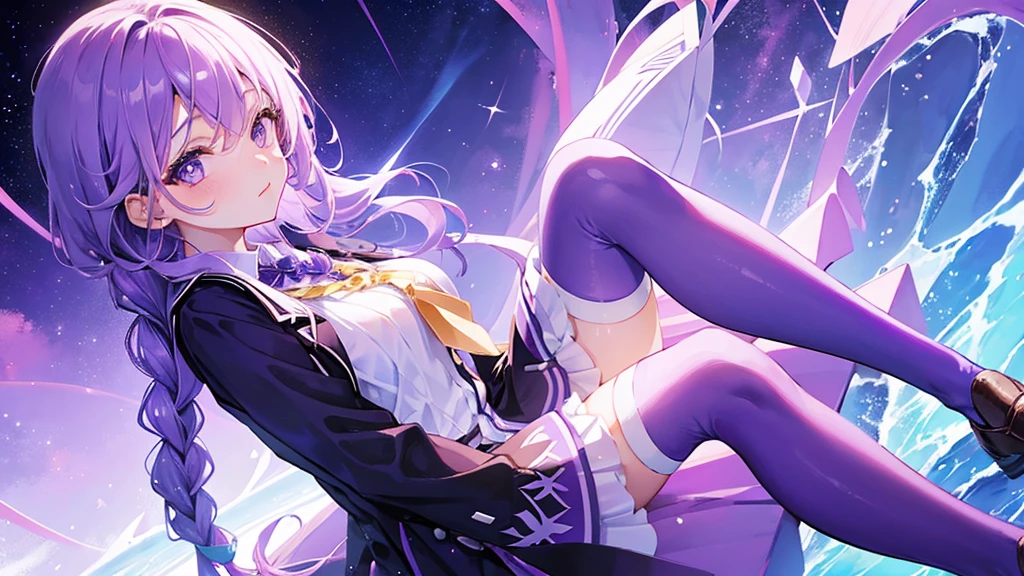 girl with purple hair, braid hair, purple eyes, purple royal school clothes, school, white stockings, sky with star, sea, 8k resolution, detail