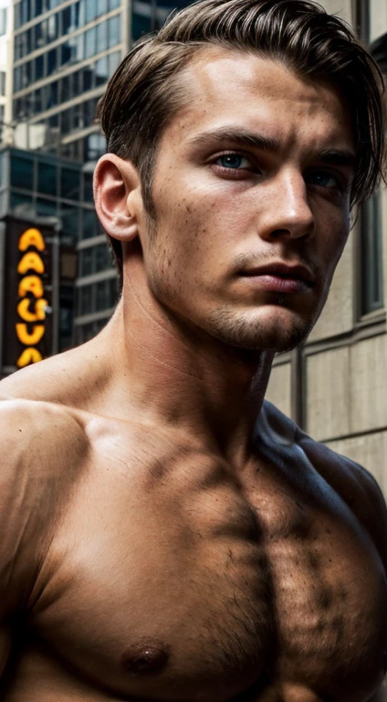 A muscular man, ripped abs, standing in New York cityscape, full body shot, (best quality,4k,8k,highres,masterpiece:1.2),ultra-detailed,(realistic,photorealistic,photo-realistic:1.37),cinematic lighting,dramatic pose,chiseled jawline,piercing eyes,rugged features,urban environment,skyscrapers in background,street scene,gritty realism,warm color tones