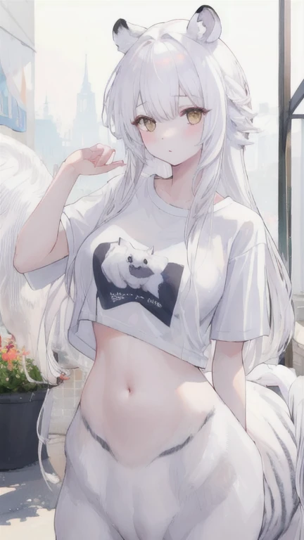 (best quality, masterpiece), 1 girl, centaur, It takes, White skin, belly button t-shirt, 아름다운 소녀 perfect white tiger photo, perfect white tiger photo