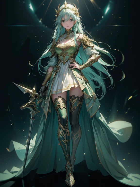(((masterpiece, best quality, high detailed, 8k))) Design a layout showcase Gaming character, (1girl). Green|Gold clothes, stylish and unique. ((showcase weapon:1.4)), nature staff. (masterpiece:1.2), (best quality), 4k, ultra-detailed. (Step by step design, layout art:1.5), (luminous lighting, atmospheric lighting). druid, ((glove full hands)), (((revealing clothes:1.3))), vambraces, armored legwear, (((full_body_shot:1.4))). {In a magical meadow}.