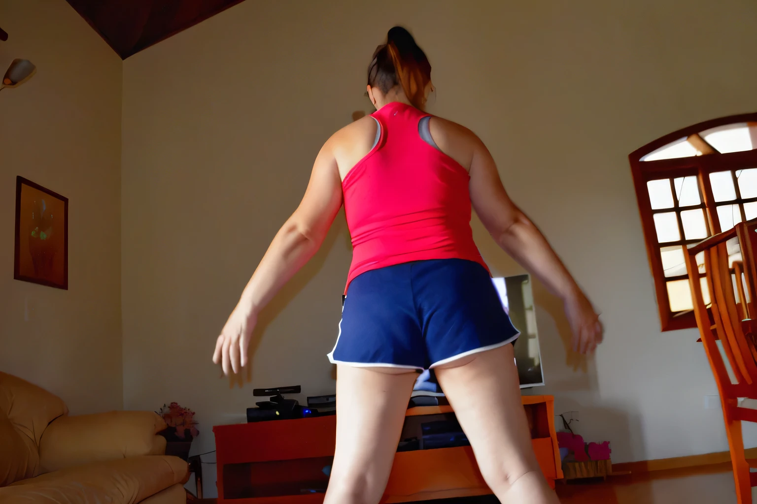 there is a woman in a red top and blue shorts playing wii, long shot from back, backshot, back - shot, long shot from the back, shot from the back, back shot, rear-shot, wearing red shorts, medium shot taken from behind, other women dancing behind, back pose, seen from the back, centered full body rear-shot