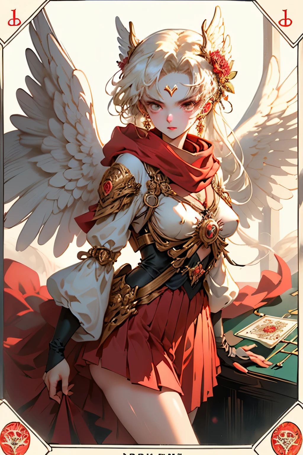 ((best quality)), ((masterpiece)), (detailed), perfect face ((best quality)), ((masterpiece)), (detailed), perfect face(Golden ratio:1.2),(Fault color:1.3),[(White background:1.4)::10], (full bodyesbian:1.2),(Ultra-detailed:1.3),(tarot:1.6),(magister (tarot):1.6), (Paper:1.2)（Red and white color background） (colorful ink paper flower grow on the face:1.2), teens girl，White hair，Red glowing eyes, sportrait, photorealestic,（（（Red and white trench coat））），（Red scarf)，a black pleated skirt，black t-shirts，longer sleeves，（（With a hood）, ((Multiple pairs of angel wings))，side-lighting, the wallpaper, NSFW, Depicting female characters from ethereal anime in a high-quality anime art style，，，8K，Red and white shoes with a sense of technology, (nagative space:0.8),(Drawing board:1.3), (ether colorful ink flowing:1.3)
