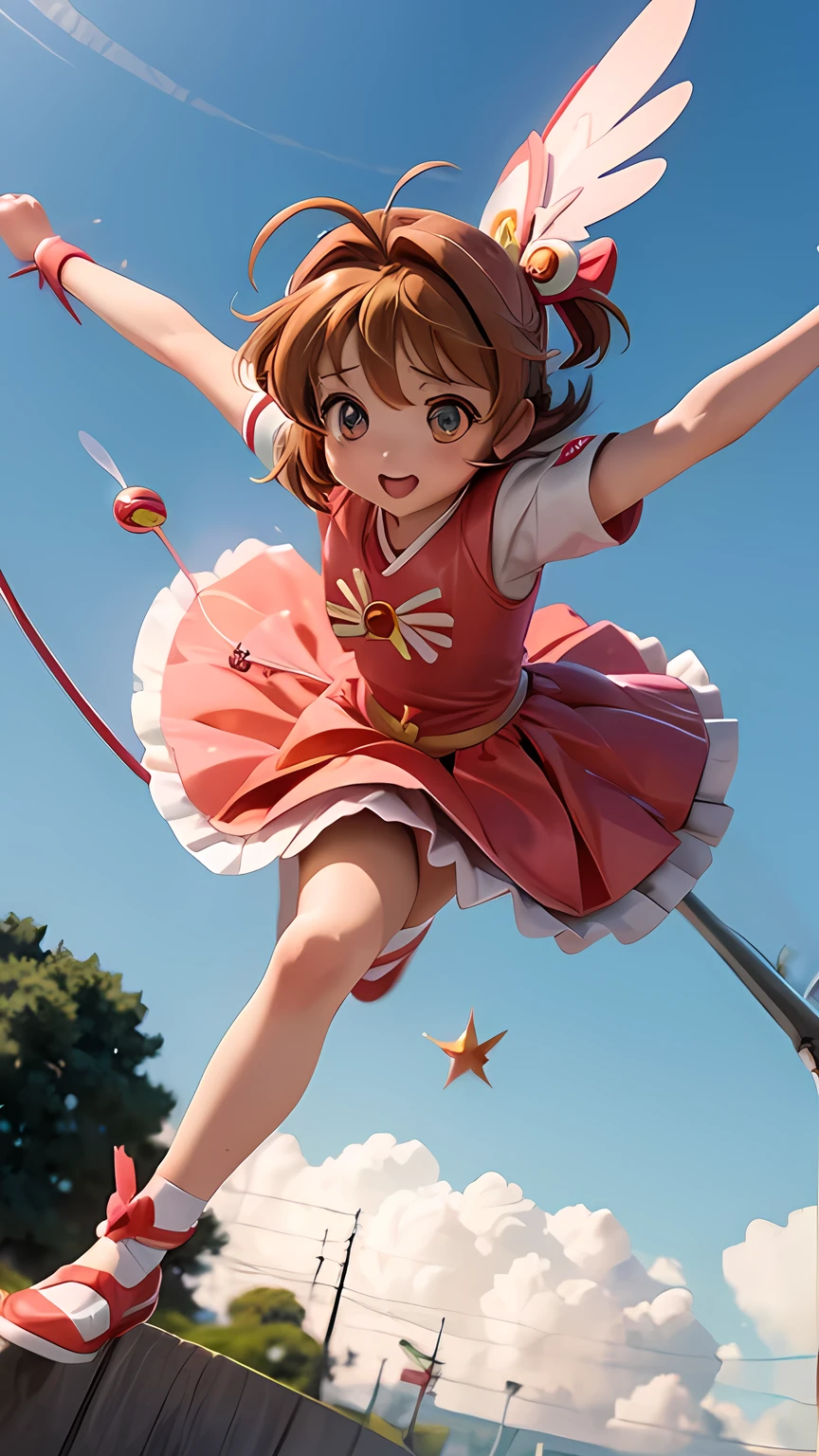 ((Kinomoto Sakura from CARDCAPTOR SAKURA)),Brown Hair, cute, combat, Full body shot, action posing, fly in the sky, 