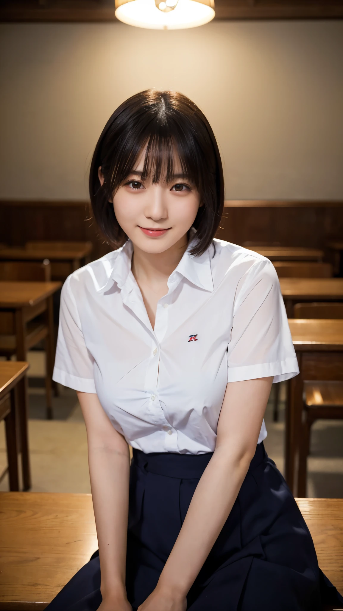 (highest quality,masterpiece:1.3,Ultra-high resolution),(Super detailed,Caustics,8k), (Photorealistic:1.4, RAW shooting),darkness,Night Classroom,Japanese,20-year-old,smile,Black short hair,(White shirt),Big Breasts,Waist up shot