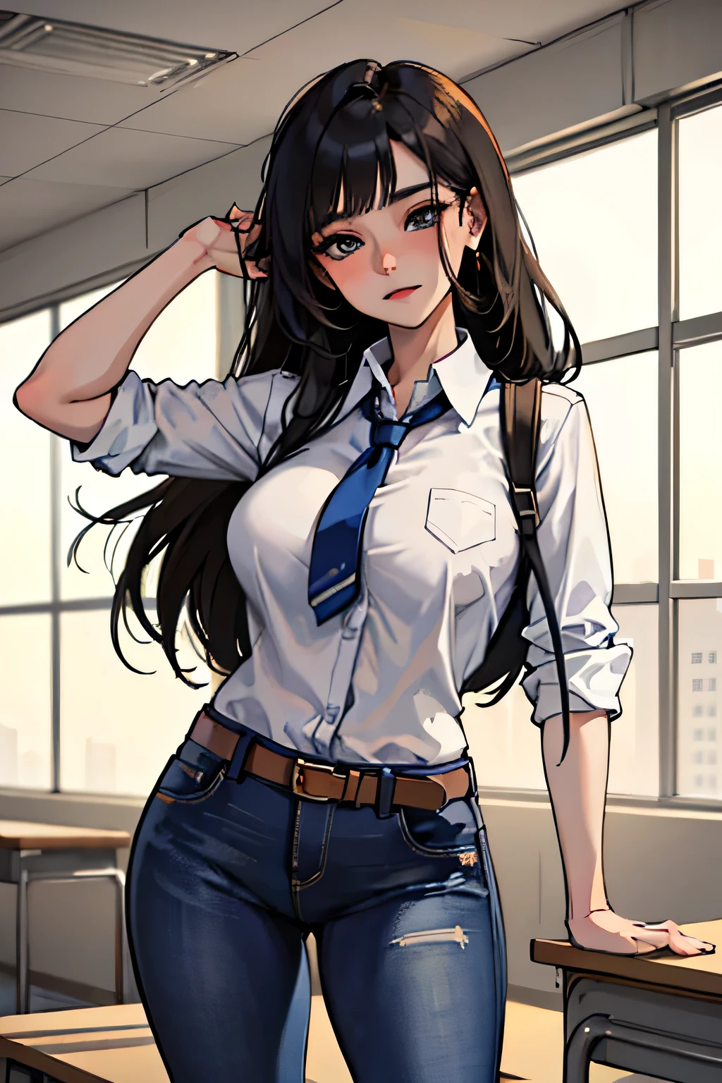 Amazing portrait of a sexy teacher in an empty classroom with a beautiful detailed face emphasised by some amazing makeup wearing a shirt that emphasizes her medium chest, and jeans showcasing her thick thighs with a lustful expression