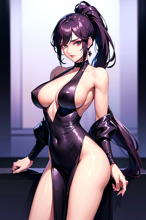 woman posing for a photo, (wearing deep_v-neck_dress:1.2), (long_ponytail_hairstyle:1.3),
good hand,4k, high-res, masterpiece, best quality, head:1.3,((Hasselblad photography)), finely detailed skin, sharp focus, (cinematic lighting), night, soft lighting, dynamic angle, [:(detailed face:1.2):0.2],(((5 stars hotel background))),