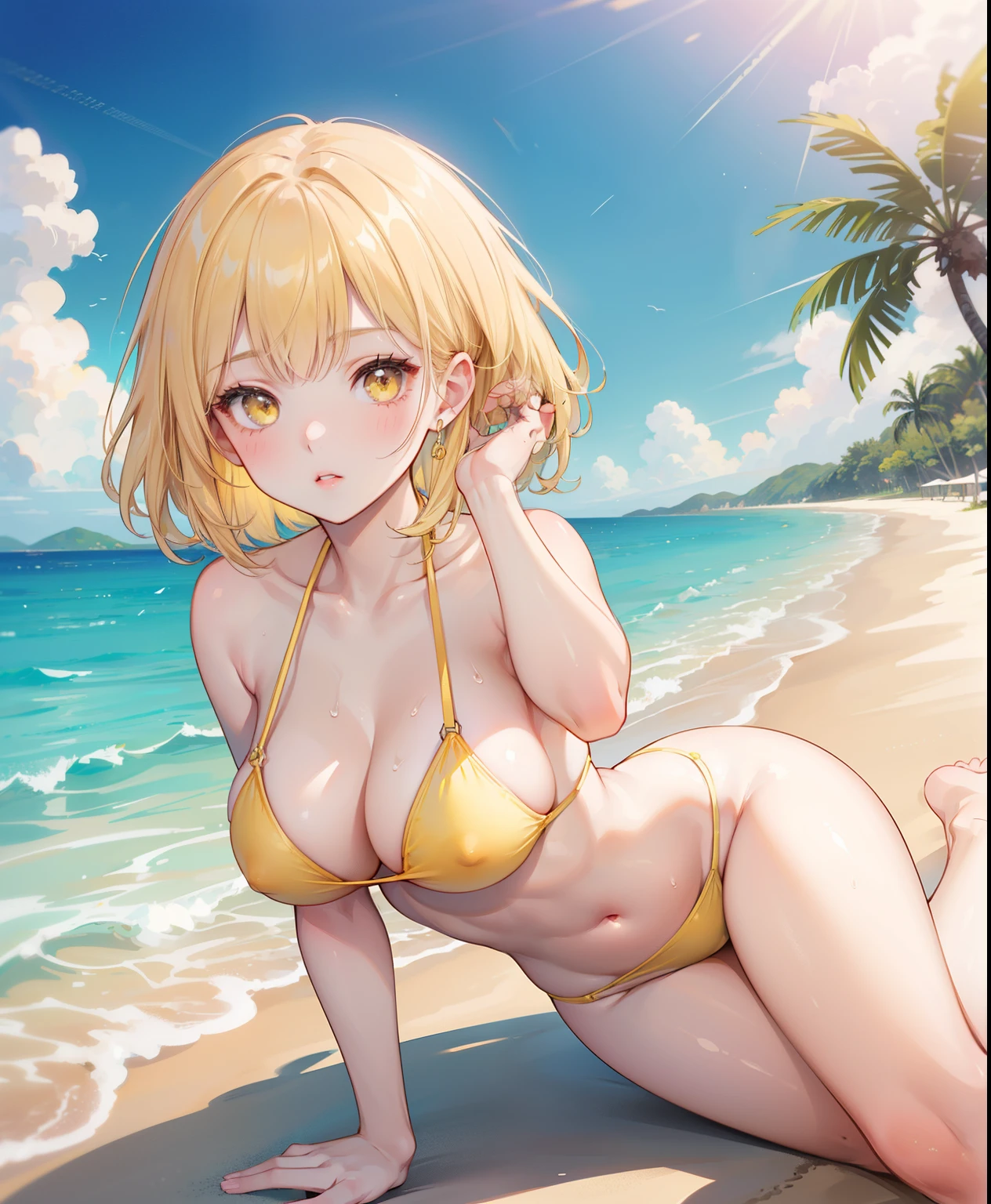 1 girl, , Dynamic posing, different poses, Arrange pose,Top quality work, Show Legs,((short golden hair)),(golden eyes), Rose cheeks, Pretty Face, A perfectly proportioned face,((Yellow Crochet Monokini Swimsuit)),((Crochet Swimsuit)), sunbathing on the beach,big round breasts