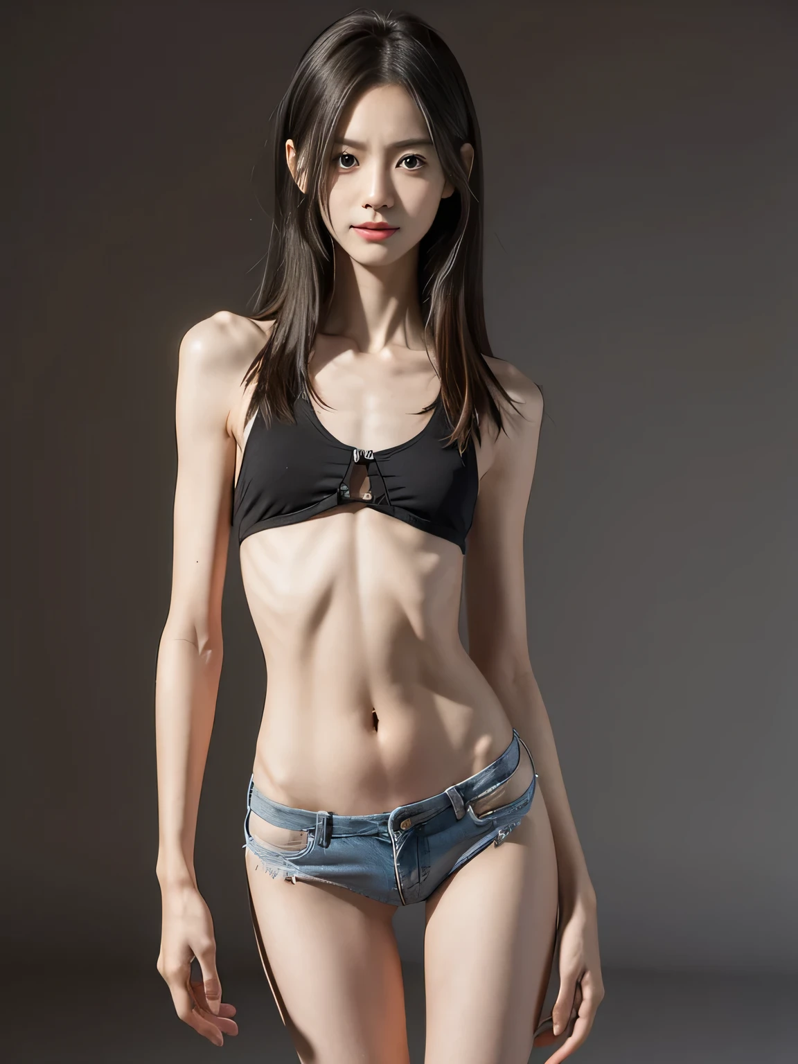  Skinny and anorexic teen girl, cowboy shot, masterpiece, skinny thigh gap, Weak and fragile body, Malnourished body, Skinny body, Emaciated body, smile,