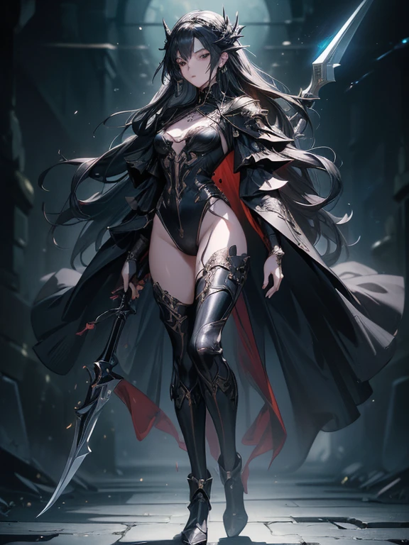 (((masterpiece, best quality, high detailed, 8k))) Design a layout showcase Gaming character, (1girl). Black|Gold clothes, stylish and unique. ((showcase weapon:1.4)), dark scythe. (masterpiece:1.2), (best quality), 4k, ultra-detailed. (Step by step design, layout art:1.5), (luminous lighting, atmospheric lighting). necromancer, ((glove full hands)), (((revealing clothes:1.3))), vambraces, armored legwear, (((full_body_shot:1.4))). {In a haunted graveyard}.
