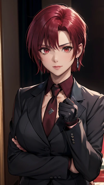 (masterpiece, best quality:1.2), bazett, fgo, 1girl, solo, short hair, red hair, bangs, red eyes,  large breasts, black gloves, formal suit, necktie, jacket, upper body, earrings, 