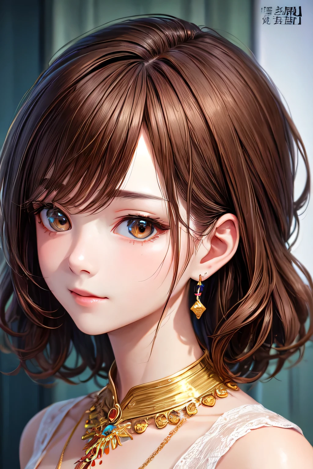 ((highest quality)), ((masterpiece)), (detailed), Perfect Face、8K、Cowboy Shot、Character portrait、Brown Hair、Smooth Hair、Earrings、necklace、Front view、