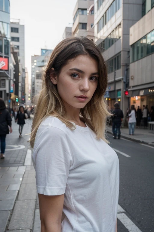obra maestra, mejor calidad, 8K, photographic reality, realista, renderizado de octanaje, Bustling urban streets of Japan (1 mujer: 1.4), (Solo una mujer en la pantalla: 1.3), (Camisa blanca), (Cabello largo y dorado), (Falda envuelta en la cadera), (Blue Eyes) Pantalla de la parte superior del cuerpo