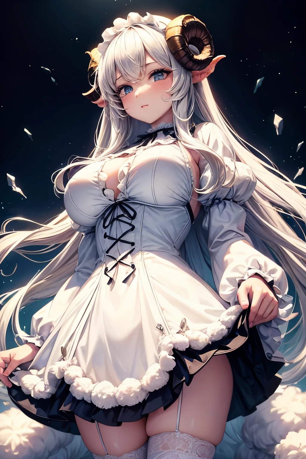 sheep man face beautiful has horns Fleece suit fluffy Masterpiece Big tits AV movie star hair random eyes beautiful Standing and staring at the viewer good figure big breasts sexy , compact dress Fluffy white dress small small human cute ta very young