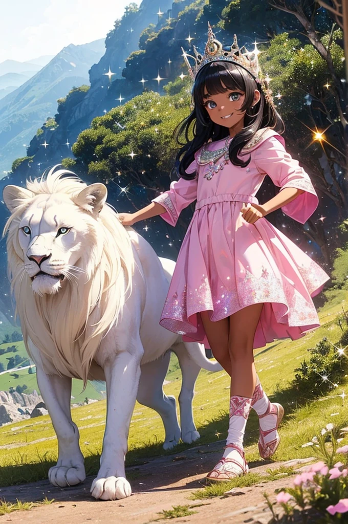 popart,flat color,(masterpiece, best quality,ultra-detailed:1.2) ,tween Girl playing with a white lion,tanned dark skin,black hair,(beautiful detailed face),indian princess pink clothes,In mountains,Enjoy a stroll,wind effects,(sparkle:1.4) ,dynamic angle,very happy,smile,beautiful lighting, photographic portrait, sharp