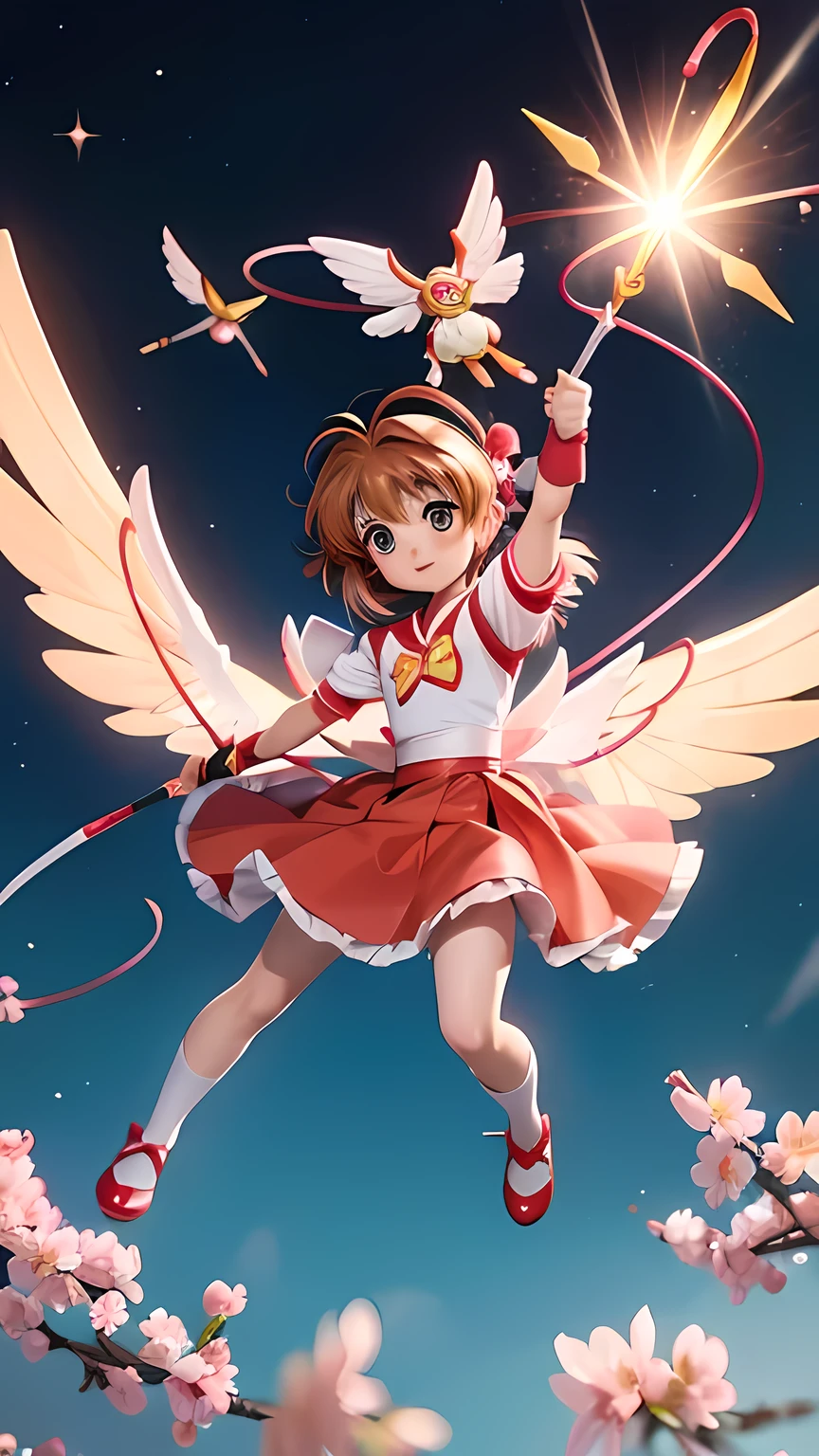 ((Kinomoto Sakura from CARDCAPTOR SAKURA)),Brown Hair, cute, combat, Full body shot, action posing, fly in the sky, 