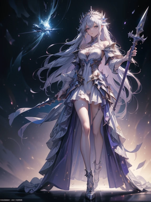 (((masterpiece, best quality, high detailed, 8k))) Design a layout showcase Gaming character, (1girl). Purple|Silver clothes, stylish and unique. ((showcase weapon:1.4)), magical orb. (masterpiece:1.2), (best quality), 4k, ultra-detailed. (Step by step design, layout art:1.5), (luminous lighting, atmospheric lighting). sorceress, ((glove full hands)), (((revealing clothes:1.3))), vambraces, armored legwear, (((full_body_shot:1.4))). {In an enchanted castle}.