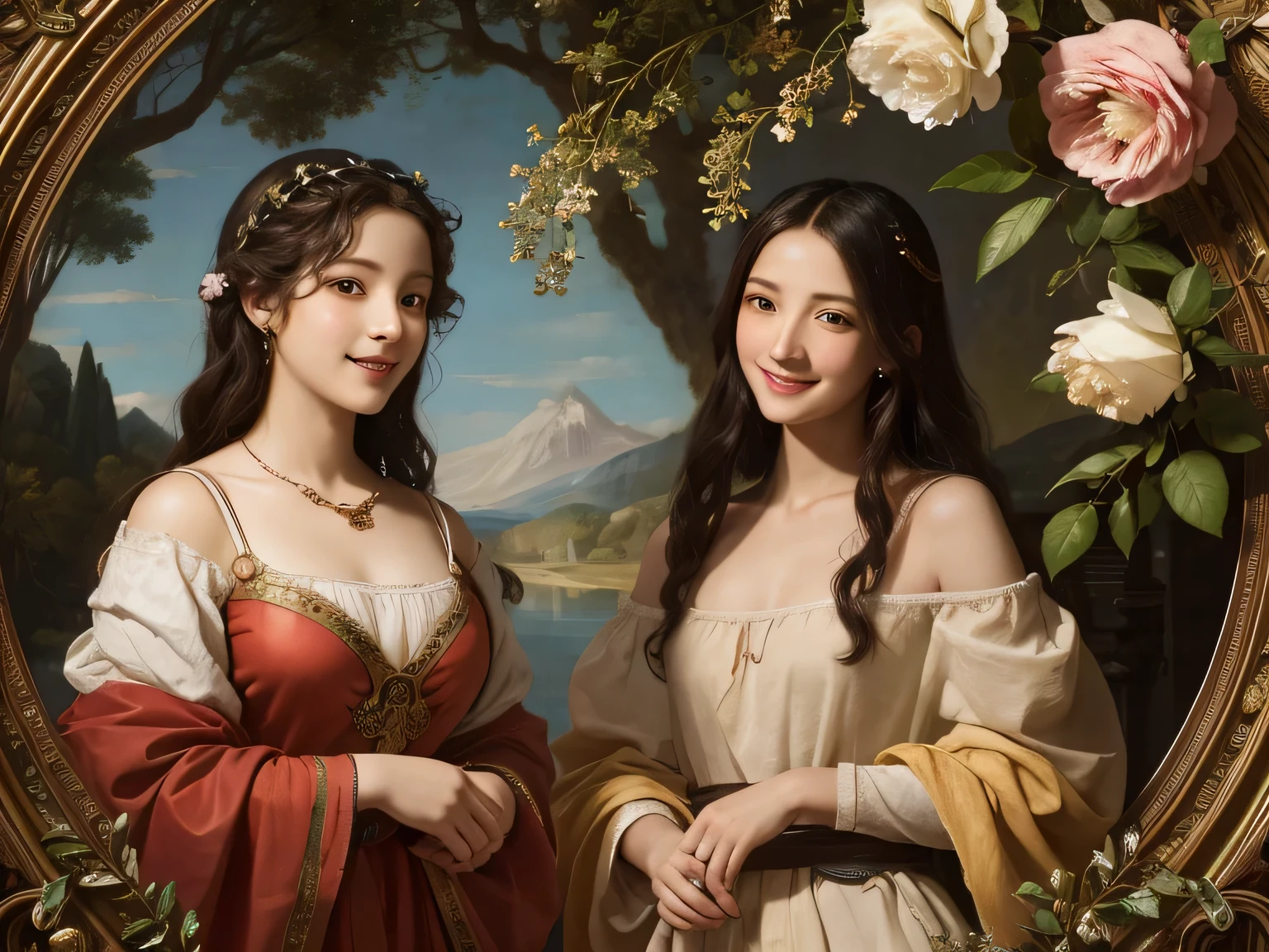 Giorgione painting style,Arguments of two female Philosophe,math、astronomical machine、astronaut、roses in vase、fruits、Cute trinkets、smile、ancient greek costume、Background is a forest lake at night 、Clothes that stretch your shoulders、A big smile、beautiful bare skin、A detailed representation of the seducing woman throughout her body.