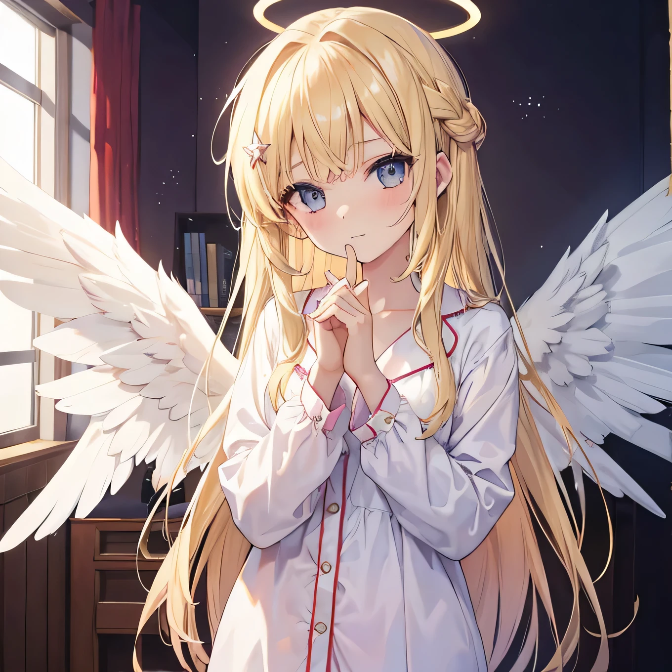 sixteen year old girl,blonde,pajamas,Halo,Angel Wings,whole body