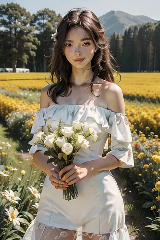 highest quality, masterpiece, Ultra-high resolution, (Realistic:1.4), RAW Photos, One girl, White Dress, Off the shoulder, Flower Field, Glowing Skin, A light smile