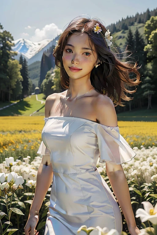 highest quality, masterpiece, Ultra-high resolution, (Realistic:1.4), RAW Photos, One girl, White Dress, Off the shoulder, Flower Field, Glowing Skin, A light smile