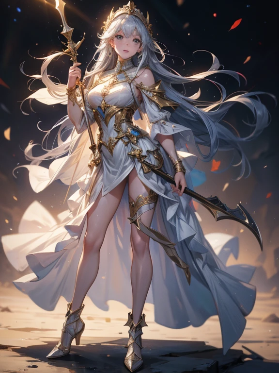 (((masterpiece, best quality, high detailed, 8k))) Design a layout showcase Gaming character, (1girl). White|Gold clothes, stylish and unique. ((showcase weapon:1.4)), holy scepter. (masterpiece:1.2), (best quality), 4k, ultra-detailed. (Step by step design, layout art:1.5), (luminous lighting, atmospheric lighting). priestess, ((glove full hands)), (((revealing clothes:1.3))), vambraces, armored legwear, (((full_body_shot:1.4))). {In a sacred temple}.