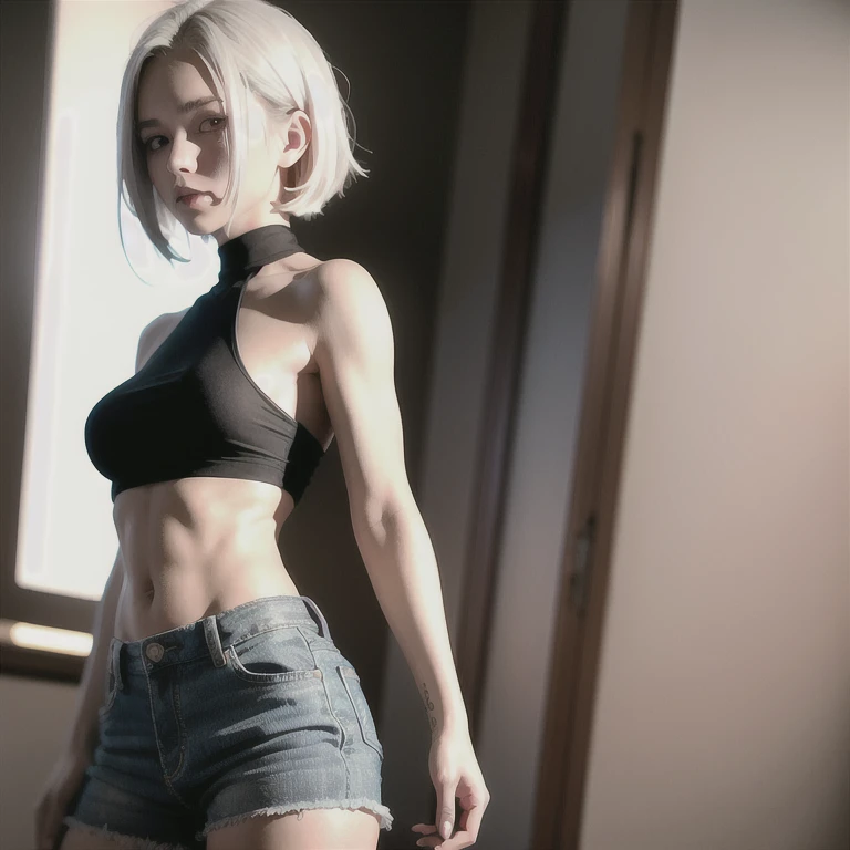 jett \(valorant\), naked crop top, no jacket, sleeveless, not wearing shorts, 1girl, solo, dark, from side, half naked underboob showing under crop top, bare armed, hot. white hair, perky breasts, sexy