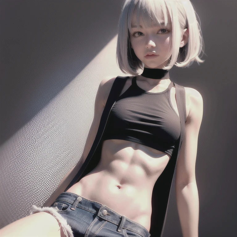 jett \(valorant\), naked crop top, no jacket, sleeveless, not wearing shorts, 1girl, solo, dark, from side, naked underboob showing under crop top, bare armed, hot. white hair, perky breasts, sexy
