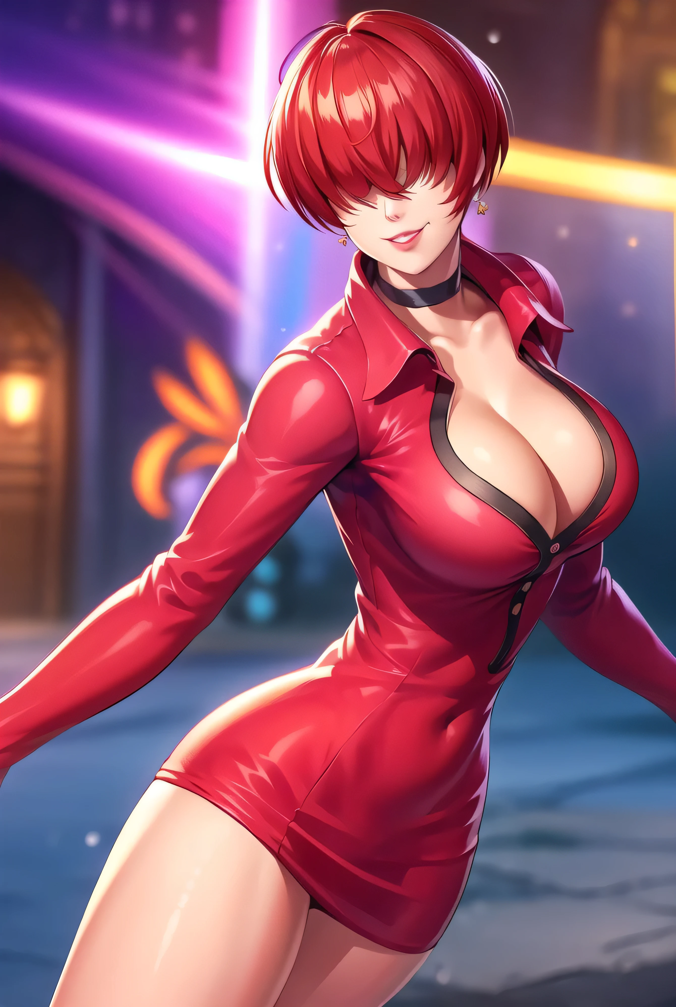 (night),in a video game scene with a neon background and a neon light,
Standing at attention,
Red outfit,Red jacket,choker, cleavage cutout, clothing cutout, 
earrings,
Red hair,bangs,((hair over eyes)),
1 girl, 20yo,Young female,Beautiful Finger,Beautiful long legs,Beautiful body,Beautiful Nose,Beautiful character design, laugh face,evil smile,
looking at viewer,(Focus on her face),closed mouth,Light_Smile,
official art,extremely detailed CG unity 8k wallpaper, perfect lighting,Colorful, Bright_Front_face_Lighting,shiny skin,
(masterpiece:1.0),(best_quality:1.0), ultra high res,4K,ultra-detailed,
photography, 8K, HDR, highres, absurdres:1.2, Kodak portra 400, film grain, blurry background, bokeh:1.2, lens flare, (vibrant_color:1.2),professional photograph,
(Beautiful,large_Breasts:1.4), (beautiful_face:1.5),(narrow_waist),raing lightning,