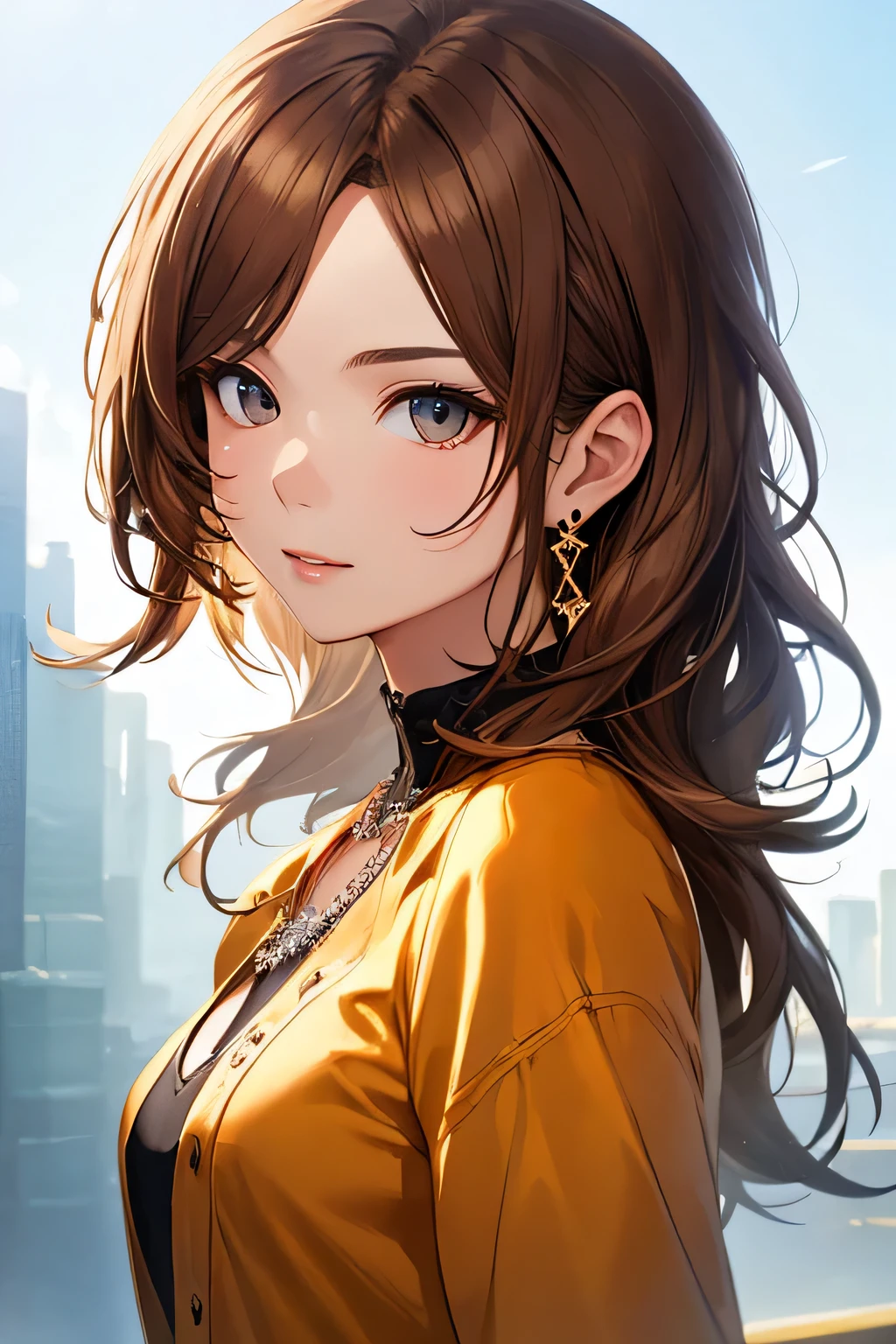 ((highest quality)), ((masterpiece)), (detailed), Perfect Face、8K、Cowboy Shot、Character portrait、Brown Hair、Smooth Hair、Earrings、necklace、front、
