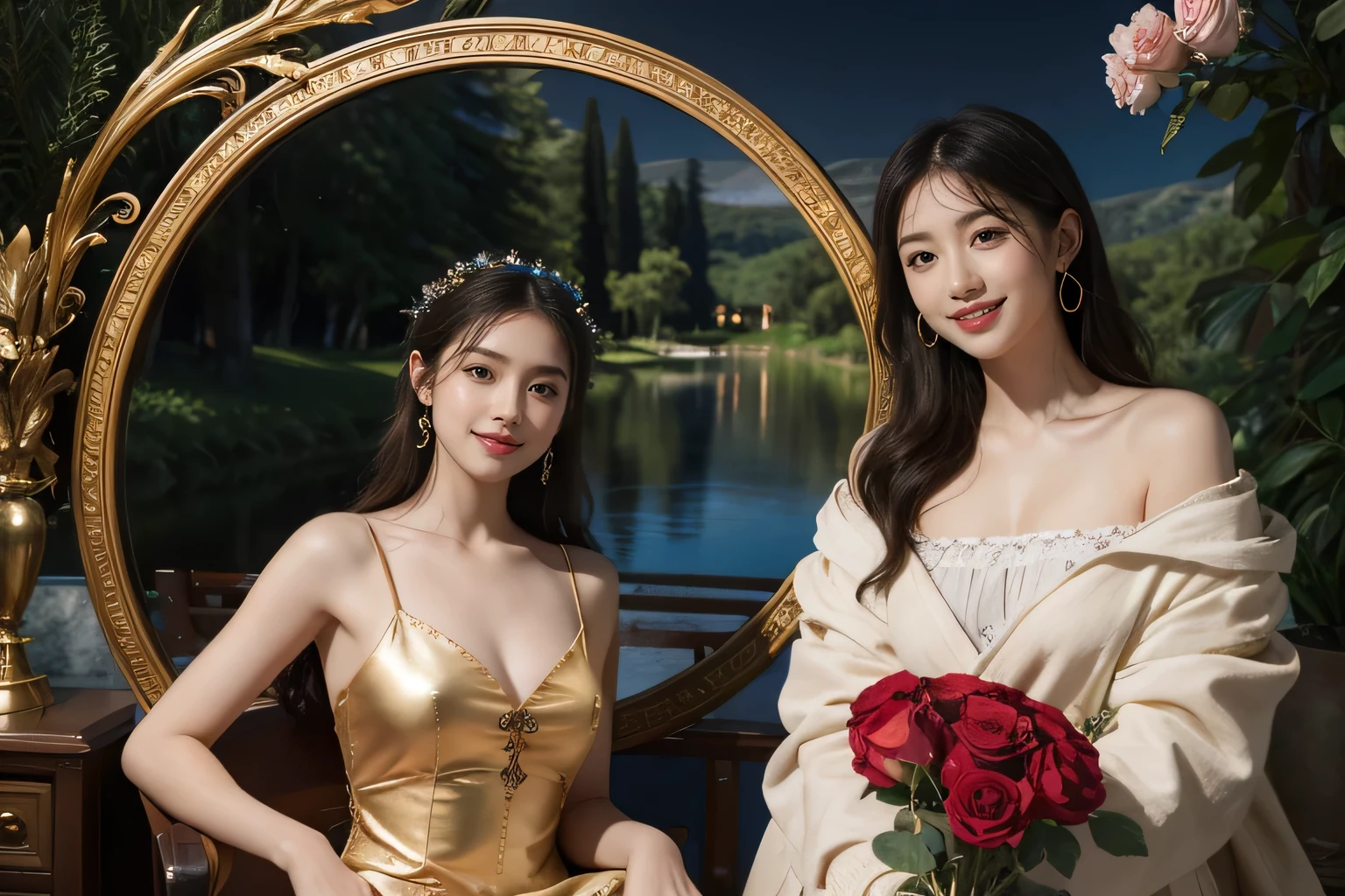 Giorgione painting style,Arguments of two female Philosophe,math、astronomical machine、astronaut、roses in vase、fruits、Cute trinkets、smile、ancient greek costume、Background is a forest lake at night 、Clothes that stretch your shoulders、A big smile、beautiful bare skin、A detailed representation of the seducing woman throughout her body.