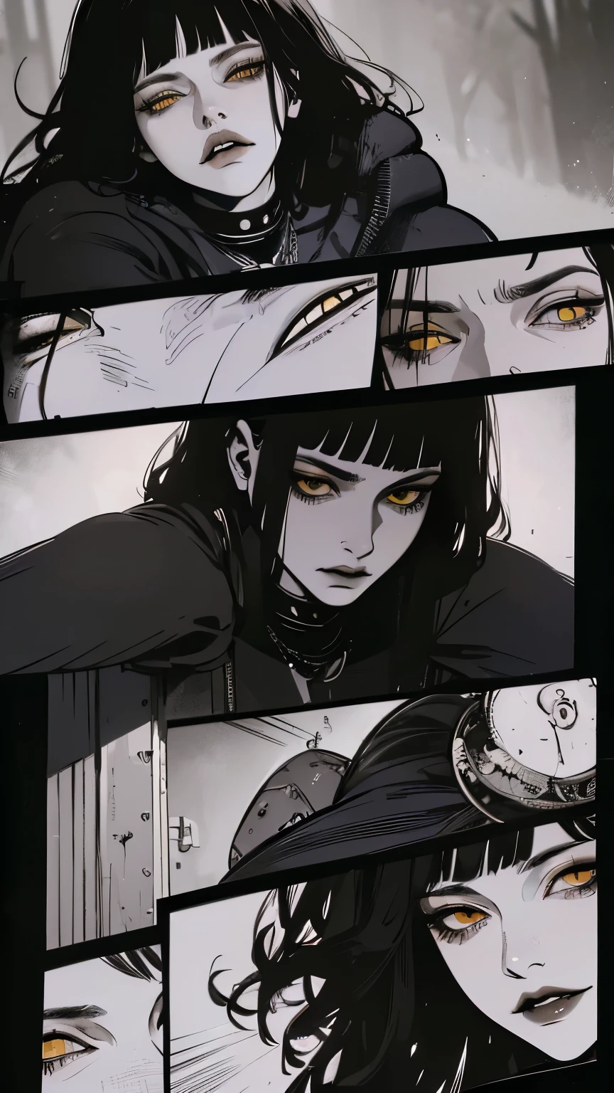 high detail, masterpiece, dramatic lighting(absurdres, highres, ultra detailed), extremely detailed CG unity 8k. mature face, adult woman, woman, mature woman, piercings, short wavy black hair and bangs, fangs, yellow eyes, black modest clothing, mad expression, full body.