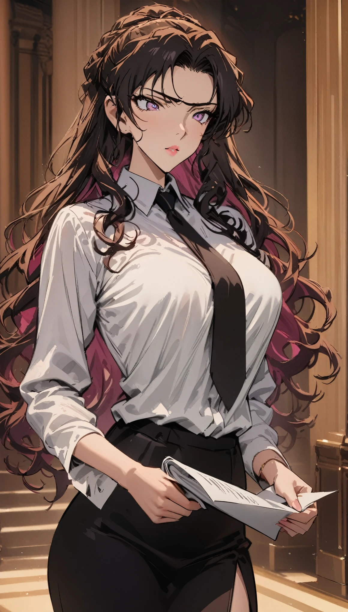 (masterpiece, best quality:1.2),The court background is very detailed, 1 capable woman, Solitary,Exquisite hair color，curls，Gold rimmed glasses，( Wear conservative clothing, White shirt:1.2,Black Tie)Holding an unfolded document in hand, ,radiant skin，（（（Serious expression）））serious，A victorious atmosphere，Pink lips