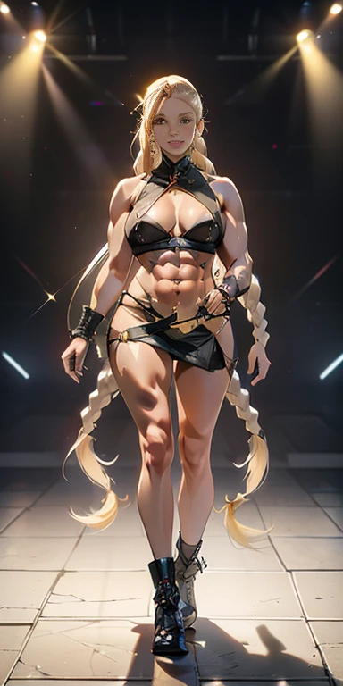 1girl full body standing, nice ass, Hairstyle with a braid, white colored hair, Yellow eyes, perfect lighting, muscular, thights, Mature woman, mummy, bellybutton, Abs, looks at the viewer (tmasterpiece, hiquality: 1.1) ssmile, Extremely huge breasts, Maternal, porcelain skin, extra very long hair, sparkly skin, good face, chest cover