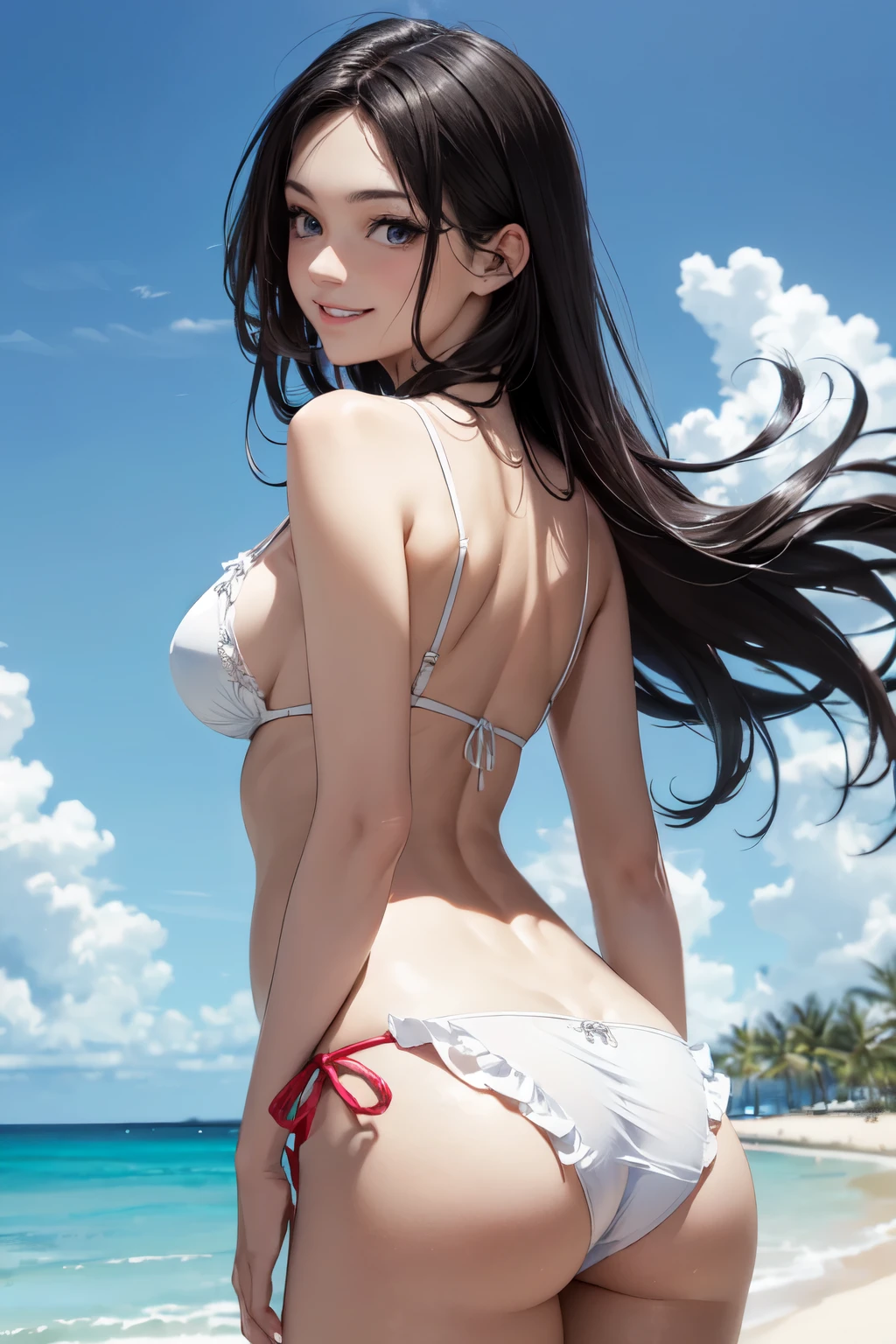 very cute and beautiful girl,(highly detailed beautiful face and eyes),frilled white bikini, standing,(looking back,from behind),(leaning forward),looking at viewer,coral reef tropical resort,sandy beach,(smile:1.2),black hair, (best quality,masterpiece),absurdres,highres,ultra-detailed,extremely detailed,32k, cinematic scene,detailed background,solo,dynamic angle, hair fluttering in the wind,beautiful detailed sky,