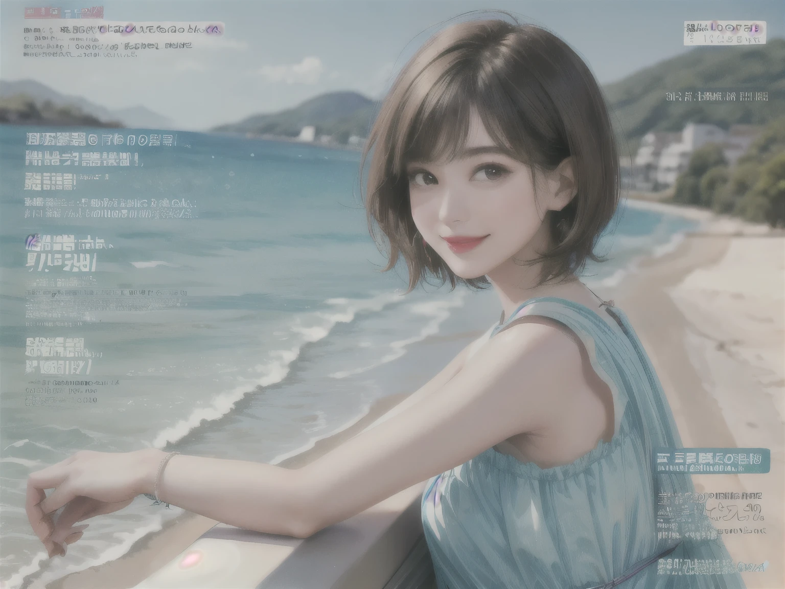 234 20-year-old female, short hair, Summer travel magazine, A kind smile, lipstick, Photo quality