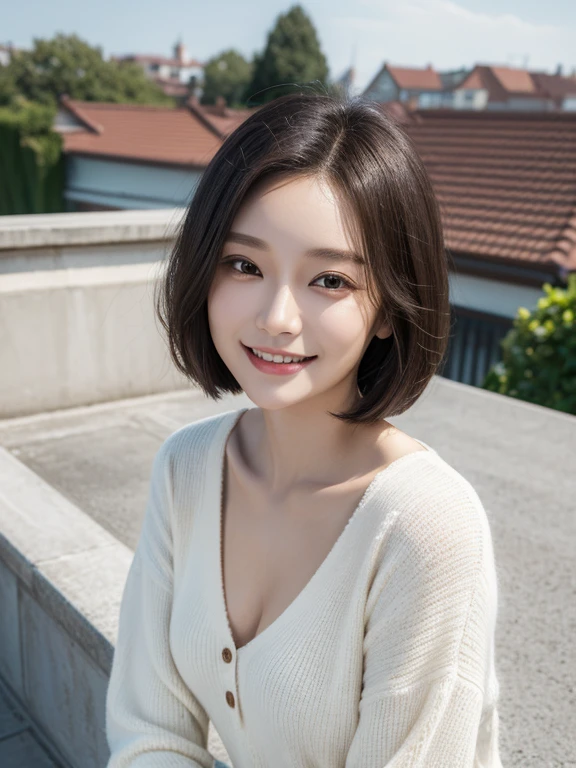 masterpiece, highest quality, High resolution,alone,Brown,artistic,Best lighting,casual,Flat Chest,Beautiful Face,expensive,smile,light makeup,Age 22,Calm woman,Detailed Hair,Woman with a big smile,Face Focus,Forehead,Bob Cut Hair,A woman wearing a blouson,Very white skin,Thin eyebrows,rooftop,outside