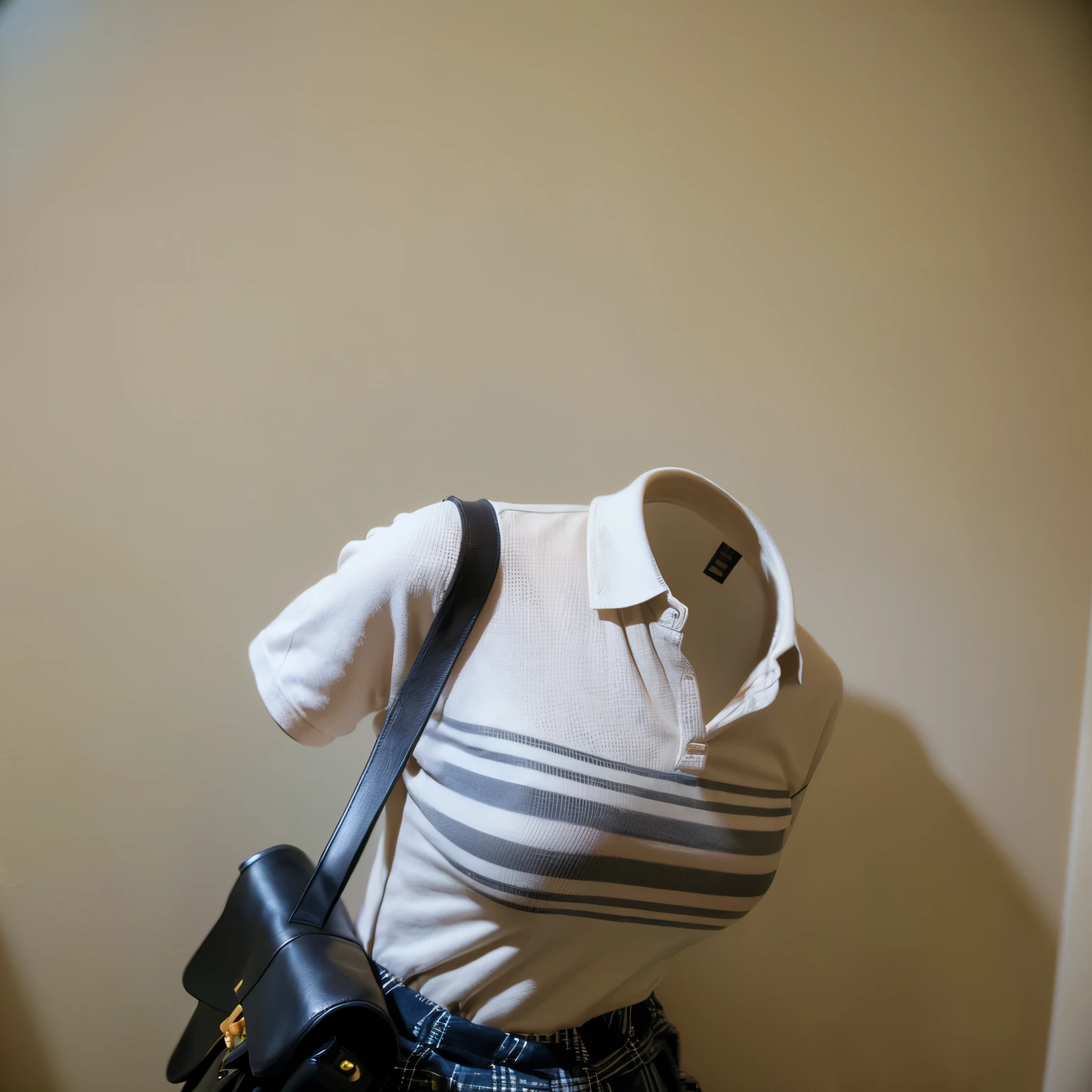 school polo shirt, plaid skirt, school bag, stripe tie on neck, (leaning forward, bent over:1.3), fat, cute big breasts, (invisible, no human, headless, handless:1.5), (8k, RAW photo, best quality, masterpiece:1.2), (realistic, photo-realistic:1.37), photon mapping, radiosity, ((Hasselblad photography)), physically-based rendering