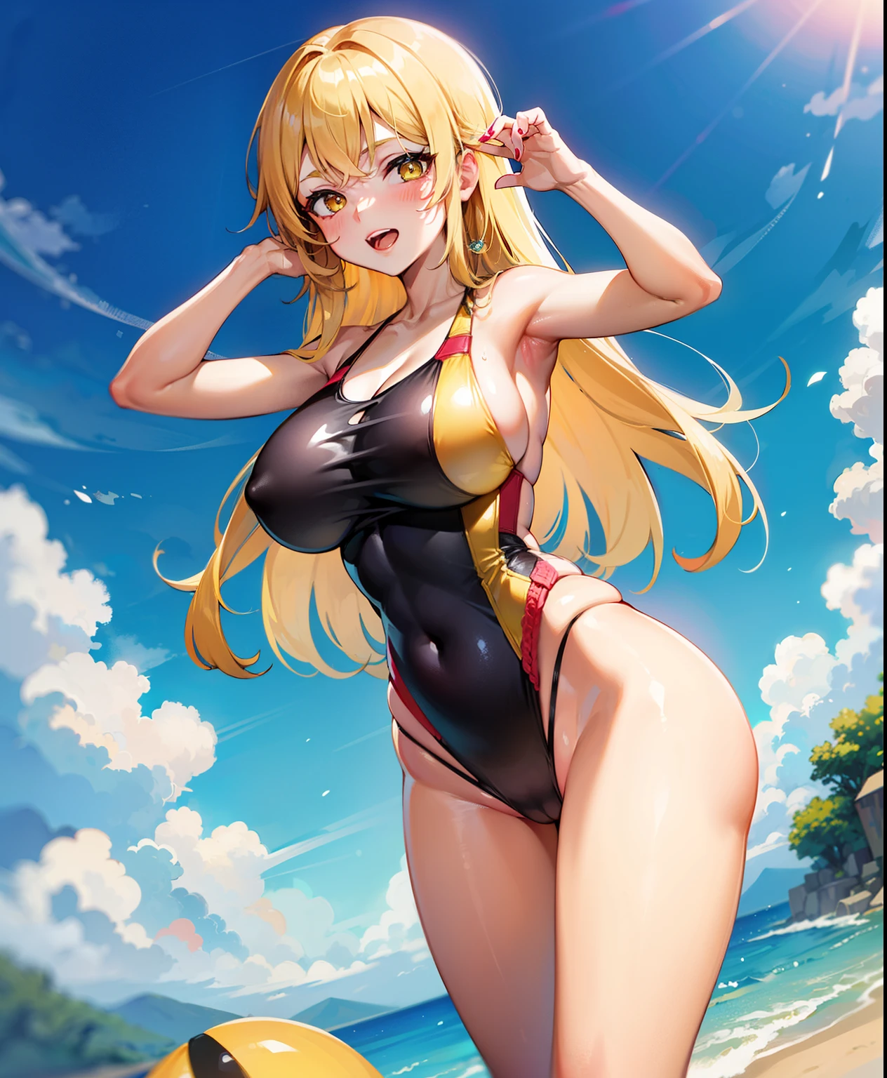 1 girl, , Dynamic posing, different poses, Arrange pose,Top quality work, Show Legs,((short golden hair)),(golden eyes), Rose cheeks, Pretty Face, A perfectly proportioned face,((Yellow Crochet Monokini Swimsuit)),((Crochet Swimsuit)), sunbathing on the beach,big round breasts