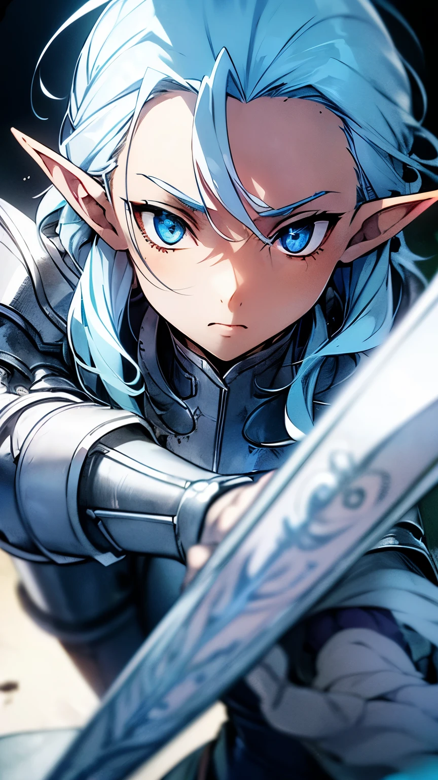 ((best quality)), ((masterpiece)), (detailed), perfect face, perfect detailed eyes, perfect detailed face, ultra-detailed nose, light blue hair, messy hair, hair over eyes, medium hair, forehead mark, pointy ears, cinematic lighting, chiaroscuro, elf, Female Knight, Elf Hero, (Wearing iron armor, Hold a dagger in right hand), cowboy shot