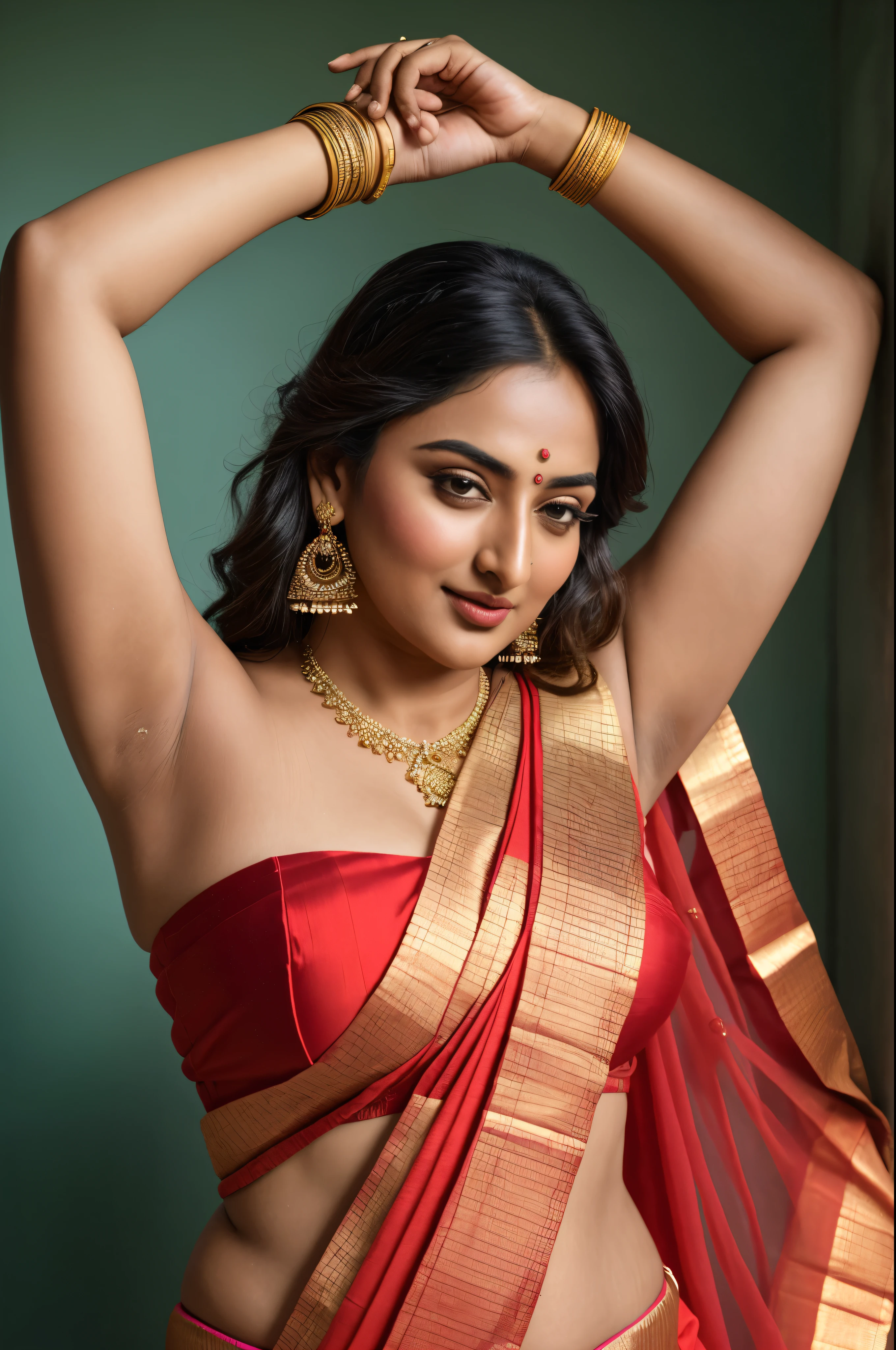 Foto RAW, photorealistic, photography, full body shot, master shot, perfect eyes, goddess like beauty, pierced eyes, perfect thick chubby mallu Desi aunty bhabhi, Wearing a Stanapatta, a chest-band.Saree model, model Photography, Indian saree shoot, Indian traditional wear advertising photography, traditional wear brand shoot, face of Indian actress Sonakshi Sinha, masterpiece, realistic, realism, incredible details, pleasure, photorealism, detailed skin, skin pores, high contrast, photorealistic Artstation 8k HD digital art trend of high definition and detailed realistic skin texture, ultra detail, realistic skin texture, armature, best quality, ultra high definition, (photorealistic:1.4),, high resolution, detail, raw photo, sweat, Re sharp, by Lee Jefferies Nikon D850 Film Stock Photo 4 Kodak Portra 400 Camera F1.6 Lens Rich Color Ultra Real Realistic Realistic Textures Dramatic Lighting Unreal Engine Trending at Art Station Cinestill 800,(pele altamente detalhada: 1.2), 8k UHD, DSLR, soft-lighting, alta qualidade, grain of film, Fujifilm XT3,she didn't like to wear blouse or bra, she is happy to wear only saree, she hates blouse or bra, detailed hairy armpits, hyper realistic skin, skin pores, sweat, veins,